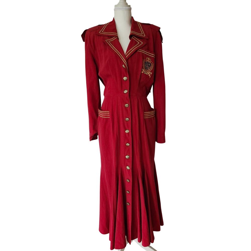 Vintage Karen Alexander Red Maxi Dress Military Nautical Gold Crest Size 6 8